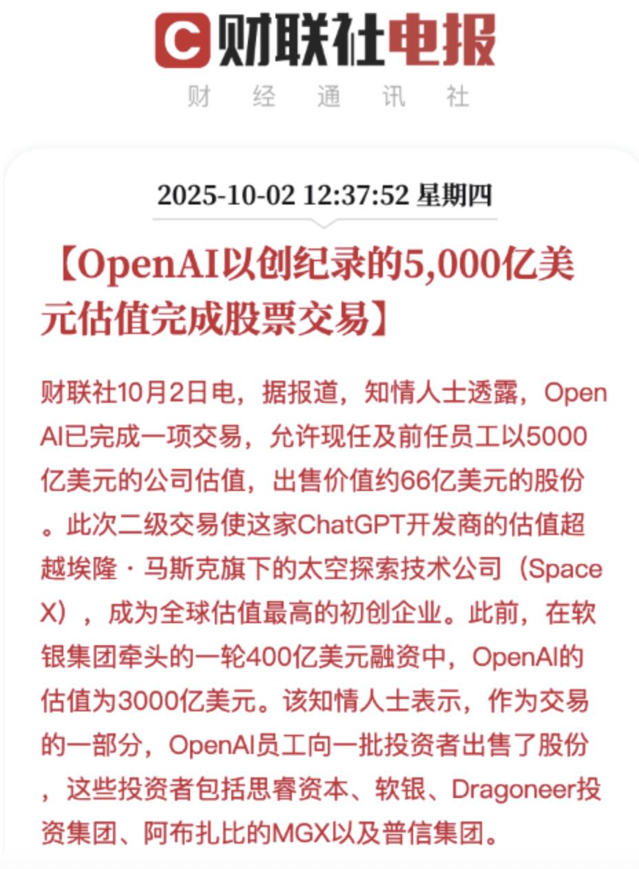 【炸裂！OpenAI估值飙涨到5000亿美元！全球AI行情要再掀高潮！】
Ope