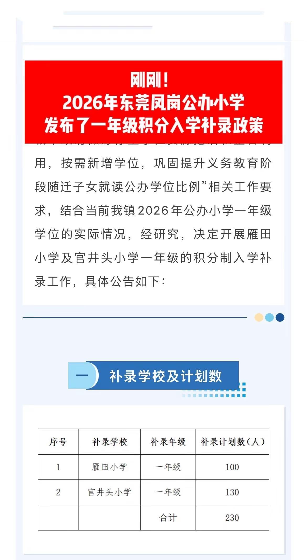 2026年东莞凤岗公办小学积分入学补录了。积分入学 公办学校 公办小学 学校补录