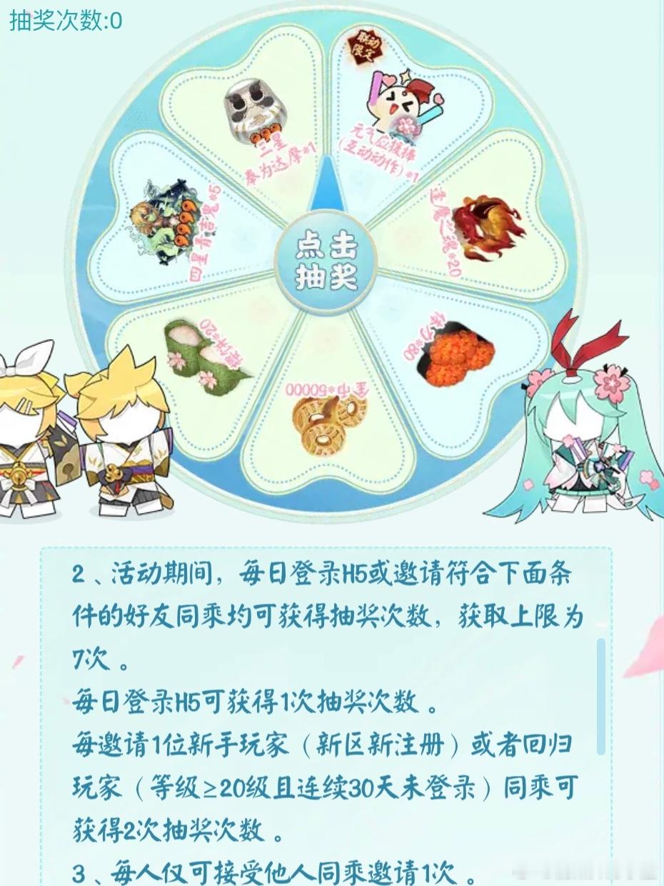 游戏里的新H5大家记得从今天开始每天都登一次。每日登录可以获取1次抽.奖机会，抽