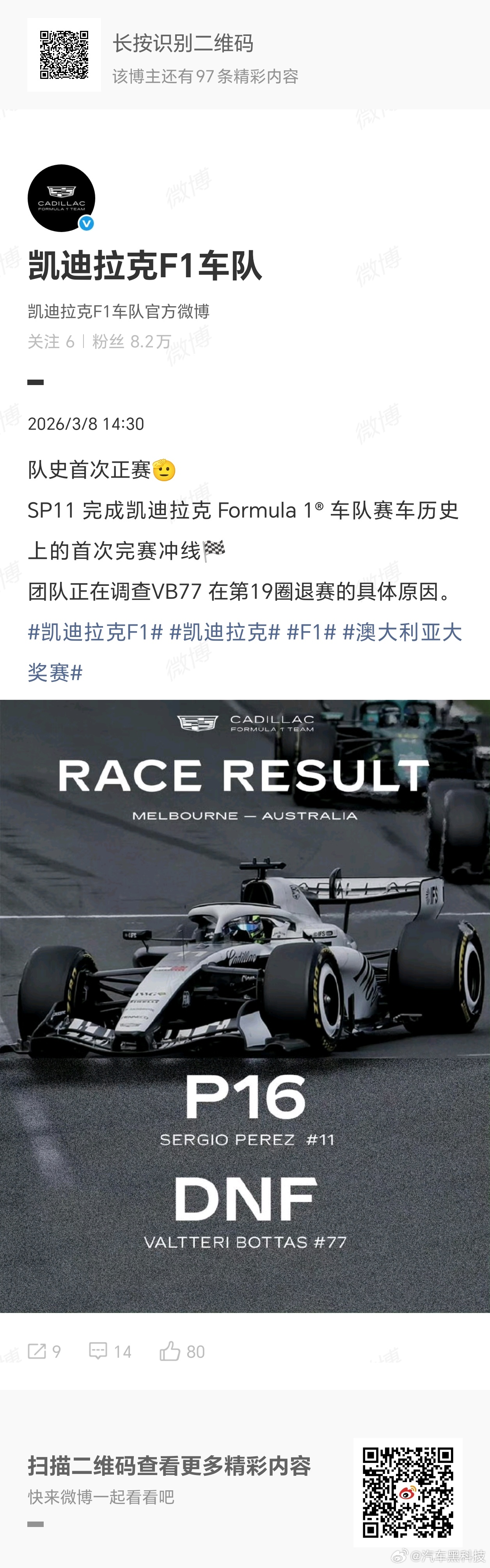 凯迪拉克F1首秀完赛 在今天举行的F1首站澳大利亚站，凯迪拉克车队的佩雷兹（Se