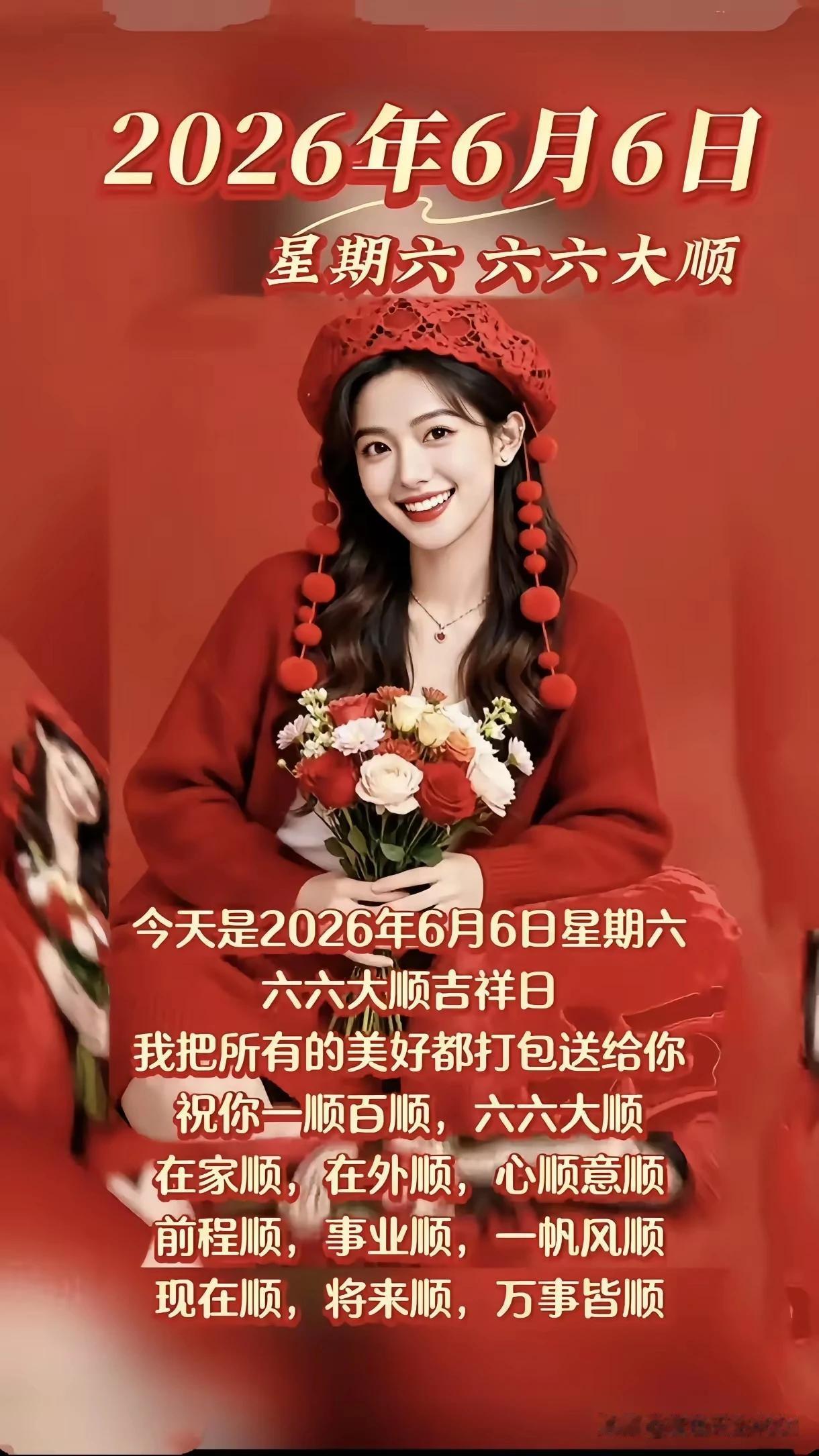 六月六日星期六，
六六大顺人人求。
顺风顺水万事顺，
平平安安乐悠悠。