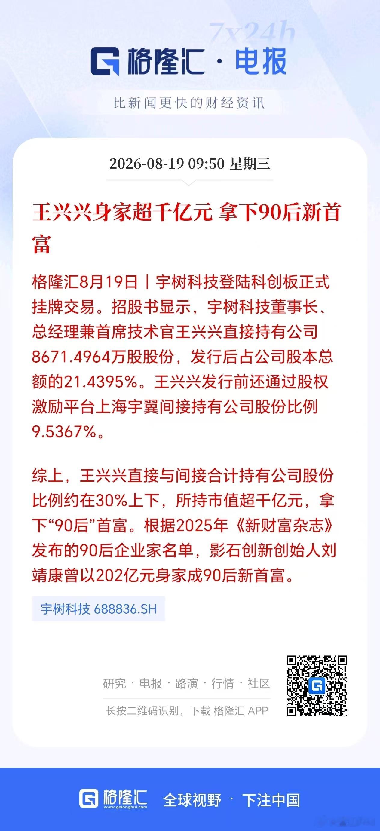 今天宇树科技上市，王兴兴身家破千亿，现在造富真的是快。 