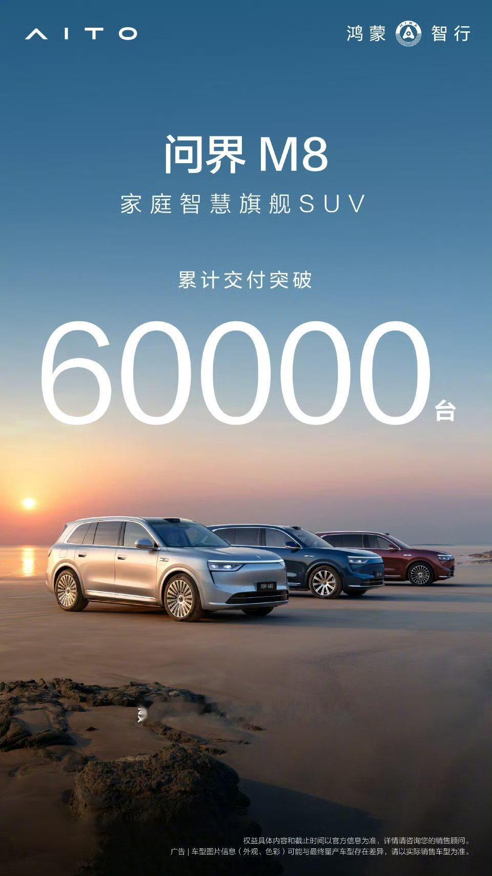 问界M8累计交付60000台，余总表示8月份还要交付2万台。 ​​​
