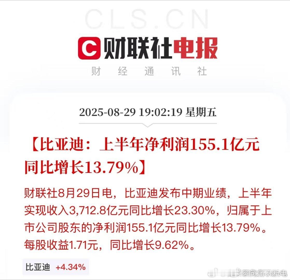 比亚迪上半年利润155.1亿，同比增长23.3% ​​​