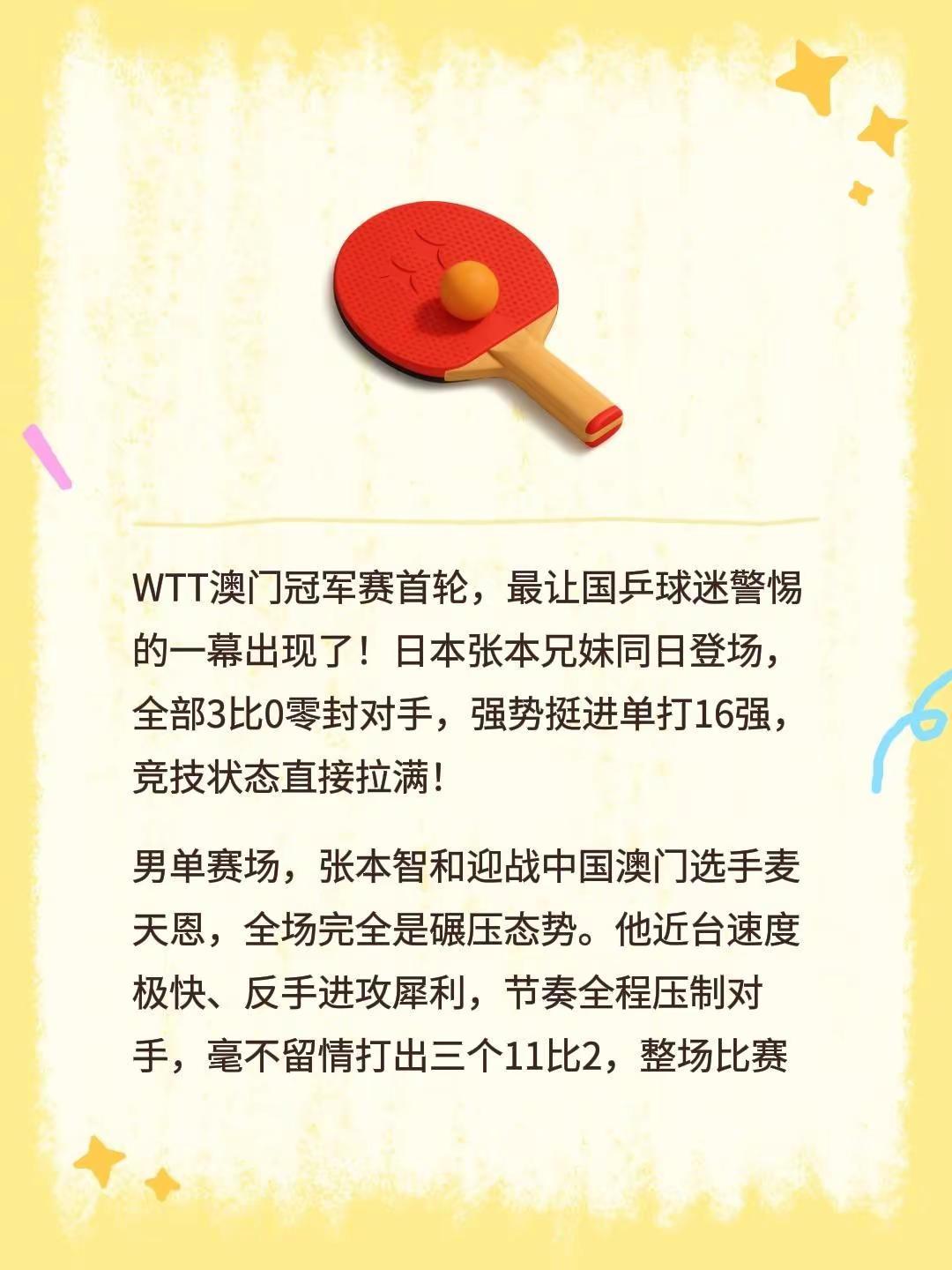 WTT澳门冠军赛首轮，最让国乒球迷警惕的一幕出现了！日本张本兄妹同日登场，全部3