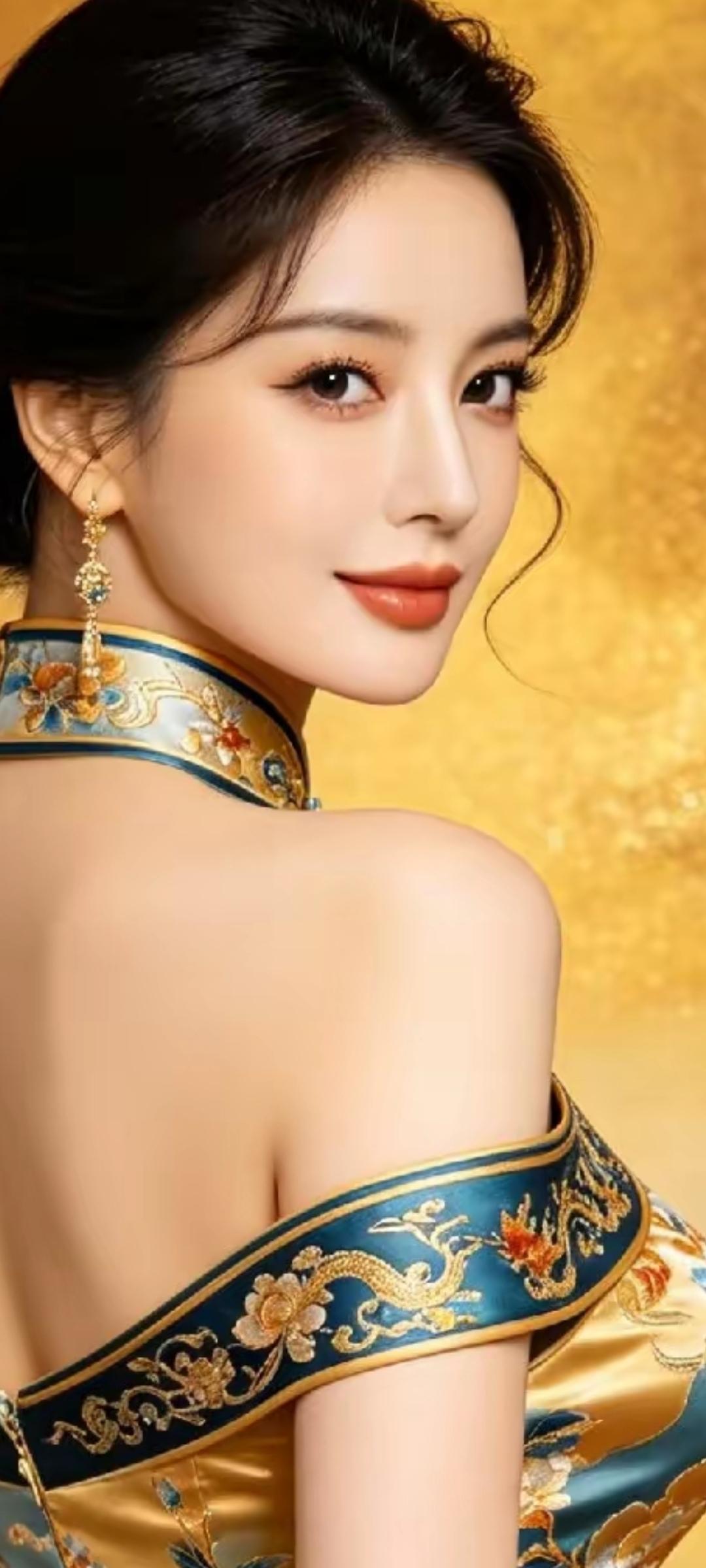 优雅东方美人，金色背景下的惊艳之美