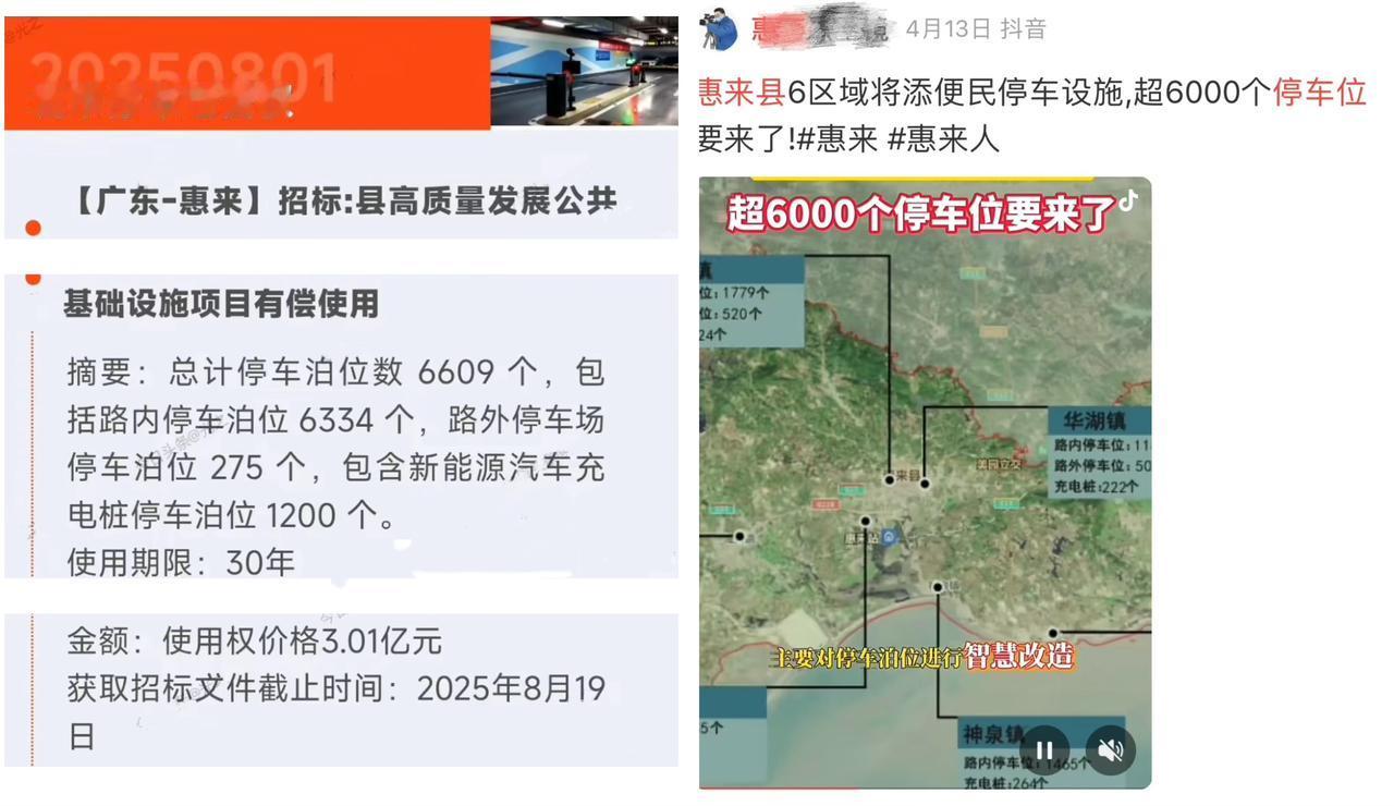 惠来县超3亿出让6609个停车泊位的30年使用权，就算每个车位一天收入10元，一