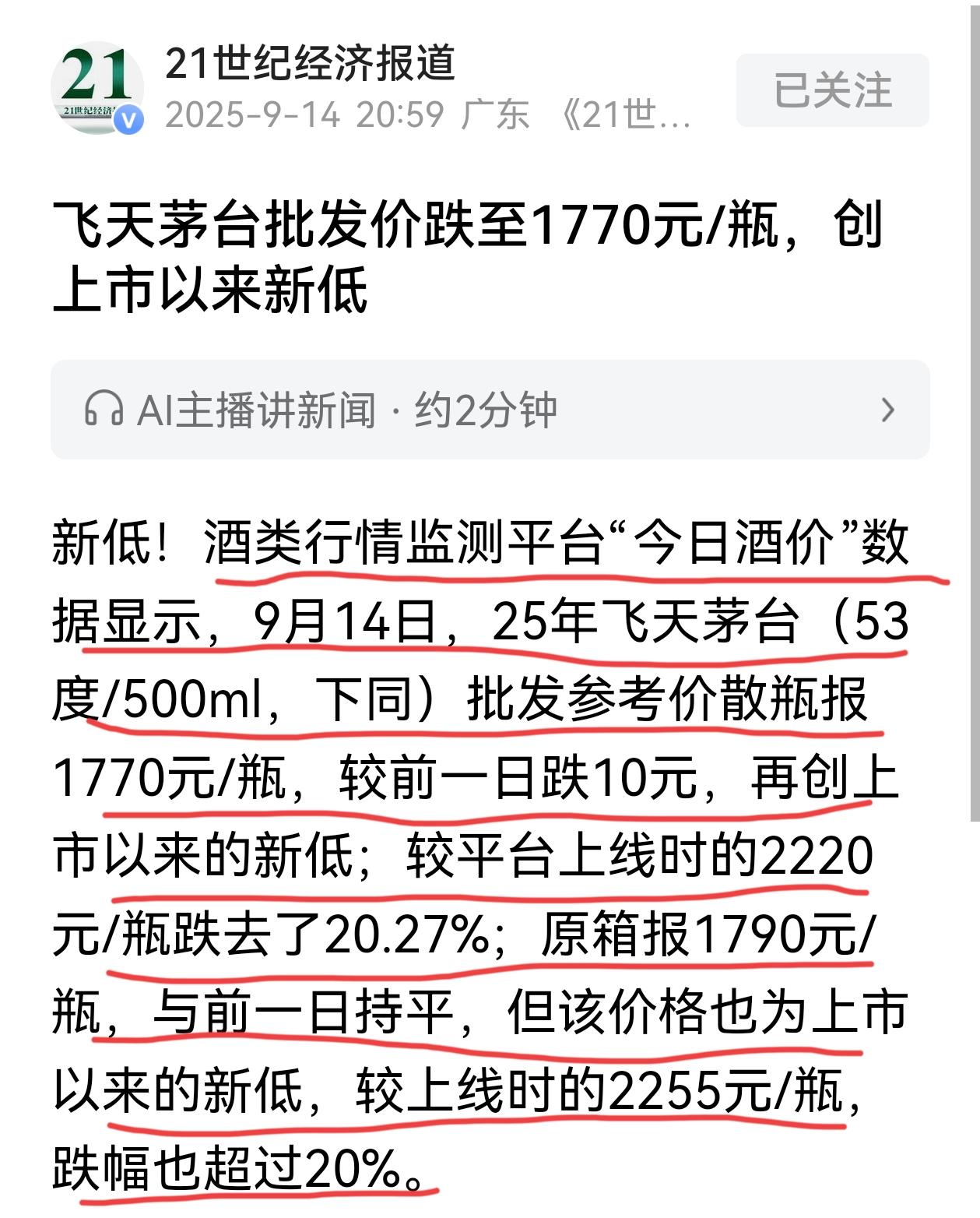 茅台酒价创新低了，批发价跌至1770元/瓶。茅台酒价由涨转跌时引起市场关注，跌破
