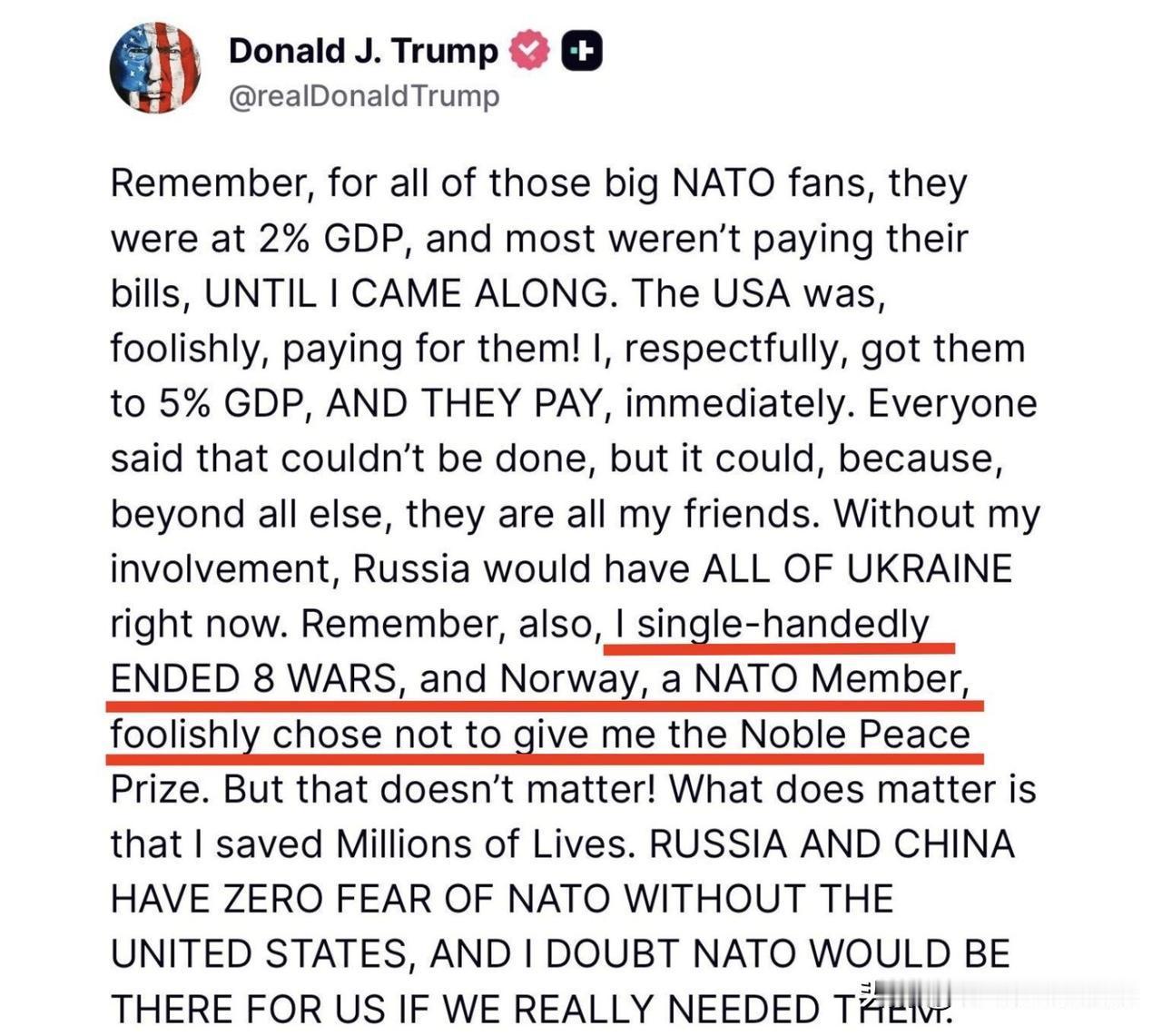 特朗普在自己的社交平台发帖，批评北约没有授予他诺贝尔和平奖。

网友评论：
Wh