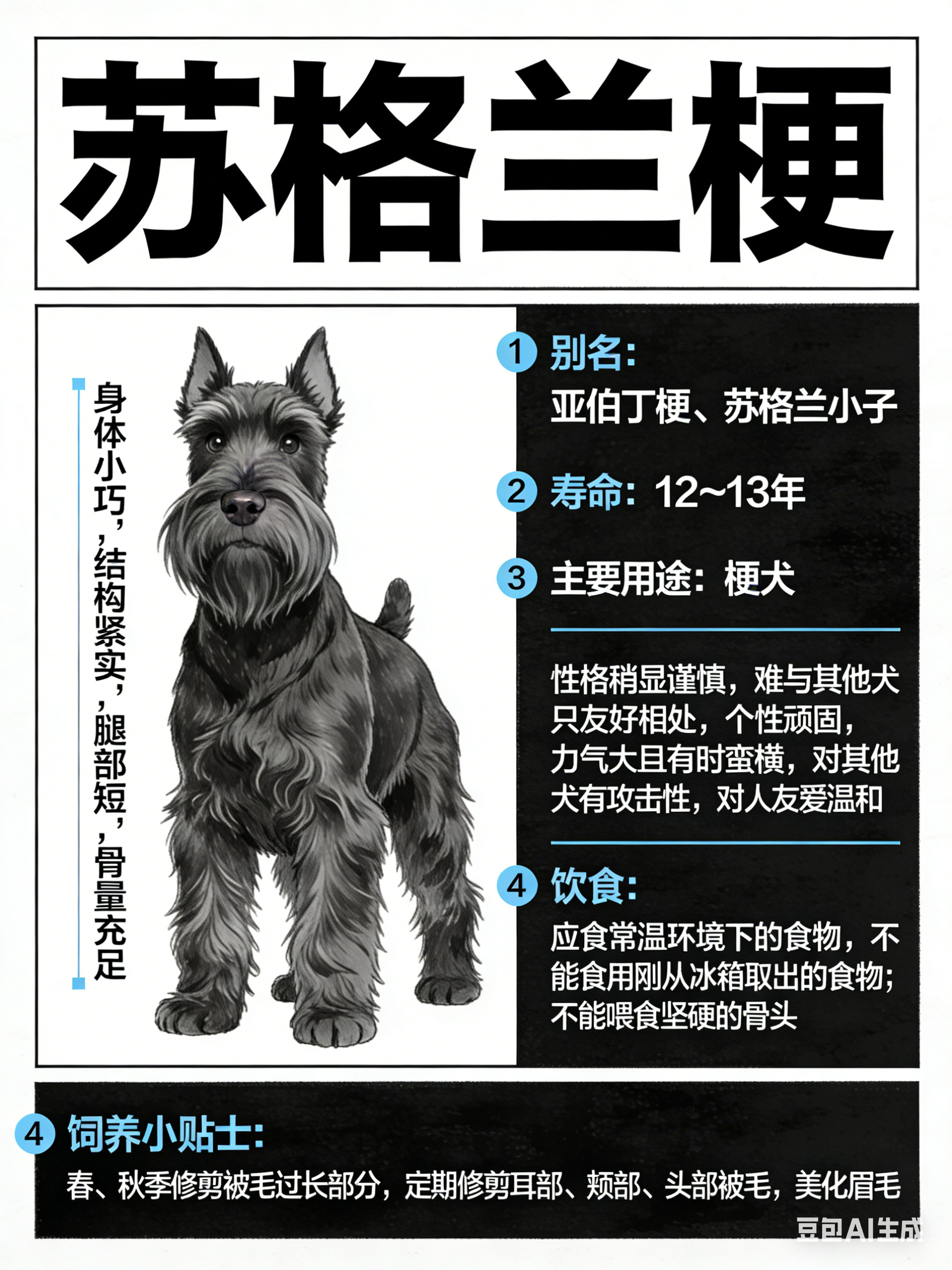 我AI的动物 苏格兰梗别名：亚伯丁梗、苏格兰小子寿命：12～13年主要用途：梗犬