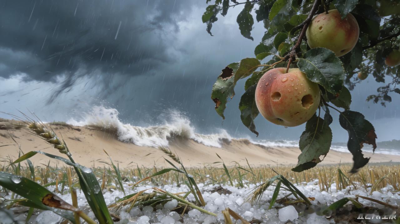 冰雹之后
一阵狂风雨淋头，
百里沙堤浪飞舟。
可怜禾苗冰雹打，
树上桃梨自生愁。