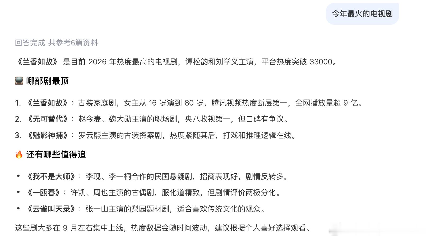 谭松韵十项入围视界大会 今年最火的电视剧，问了三个ai都提到了谭松韵的《兰香如故