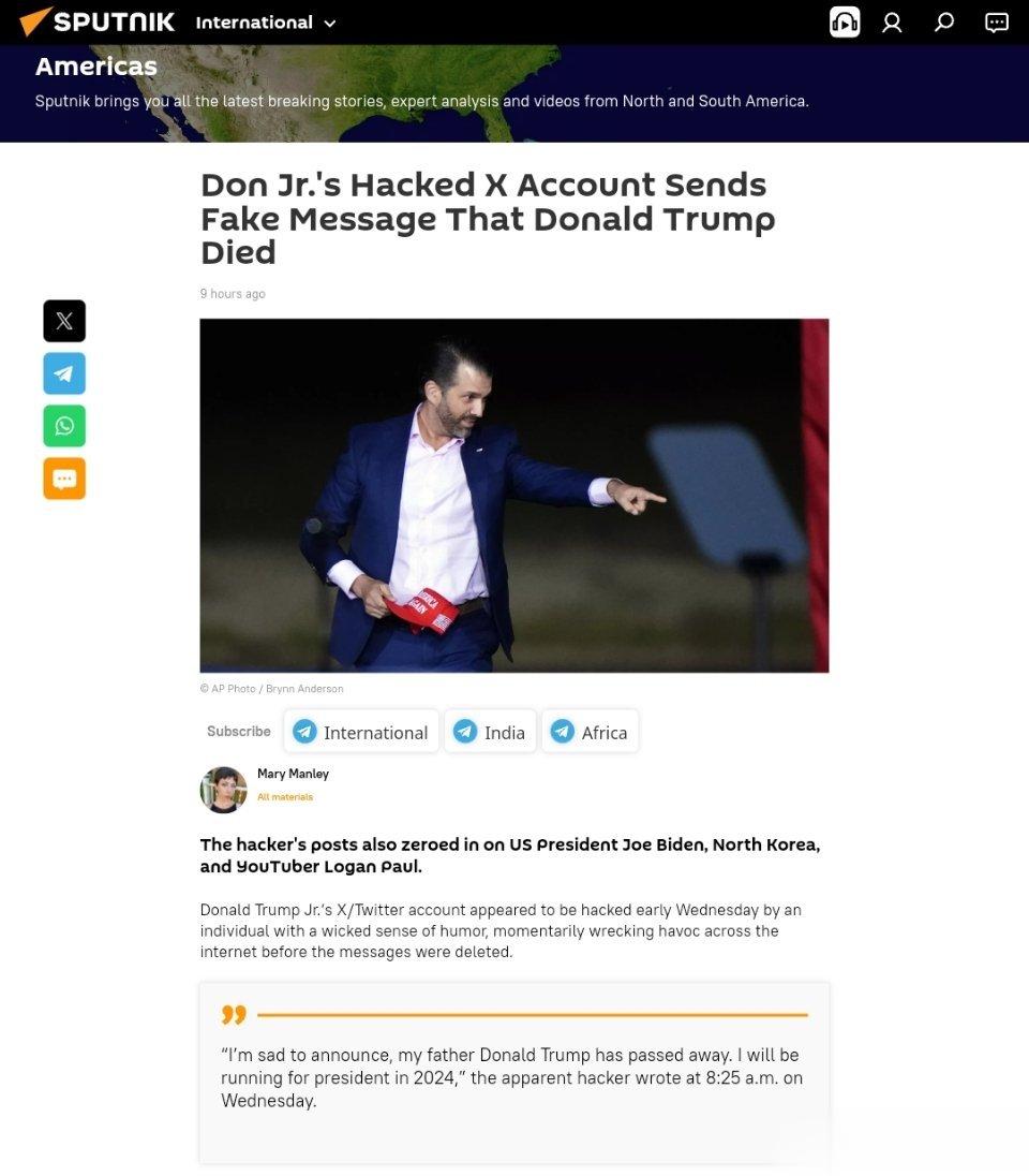 #特朗普儿子发文父亲去世后称账号被黑#小特被黑的X账户发送假消息称唐纳德·特朗普