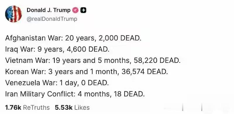 特朗普又吹牛皮，伊朗战争才死了18个人。
    特朗普发推，拿出过去美国对越南