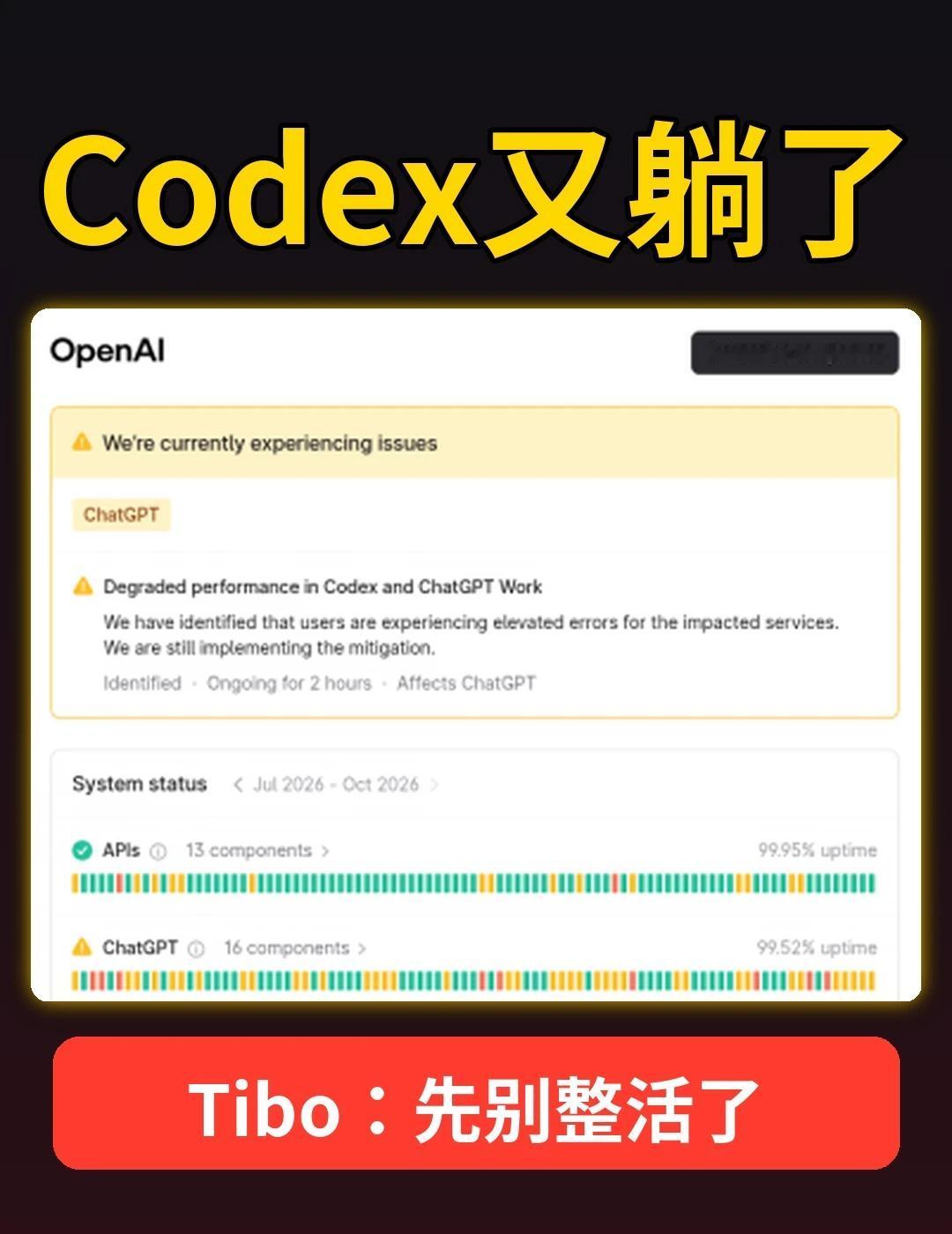 Codex又躺了，Tibo先别整活
🔥 打开 Codex 写代码，迎接我的又是