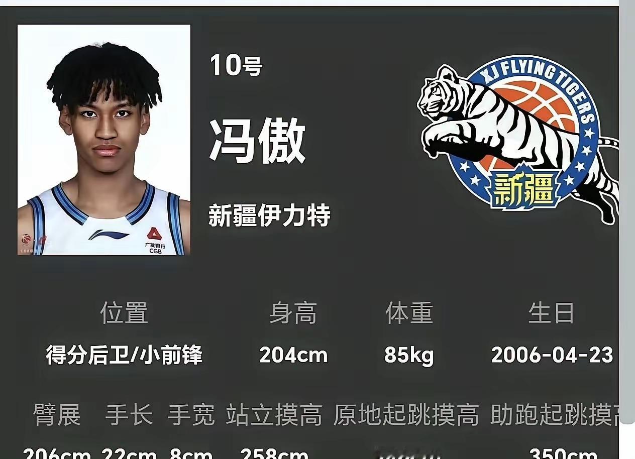 中国篮球小将冯傲CBA体测数据：
身高204、臂展大于身高，摸高350，身体天赋
