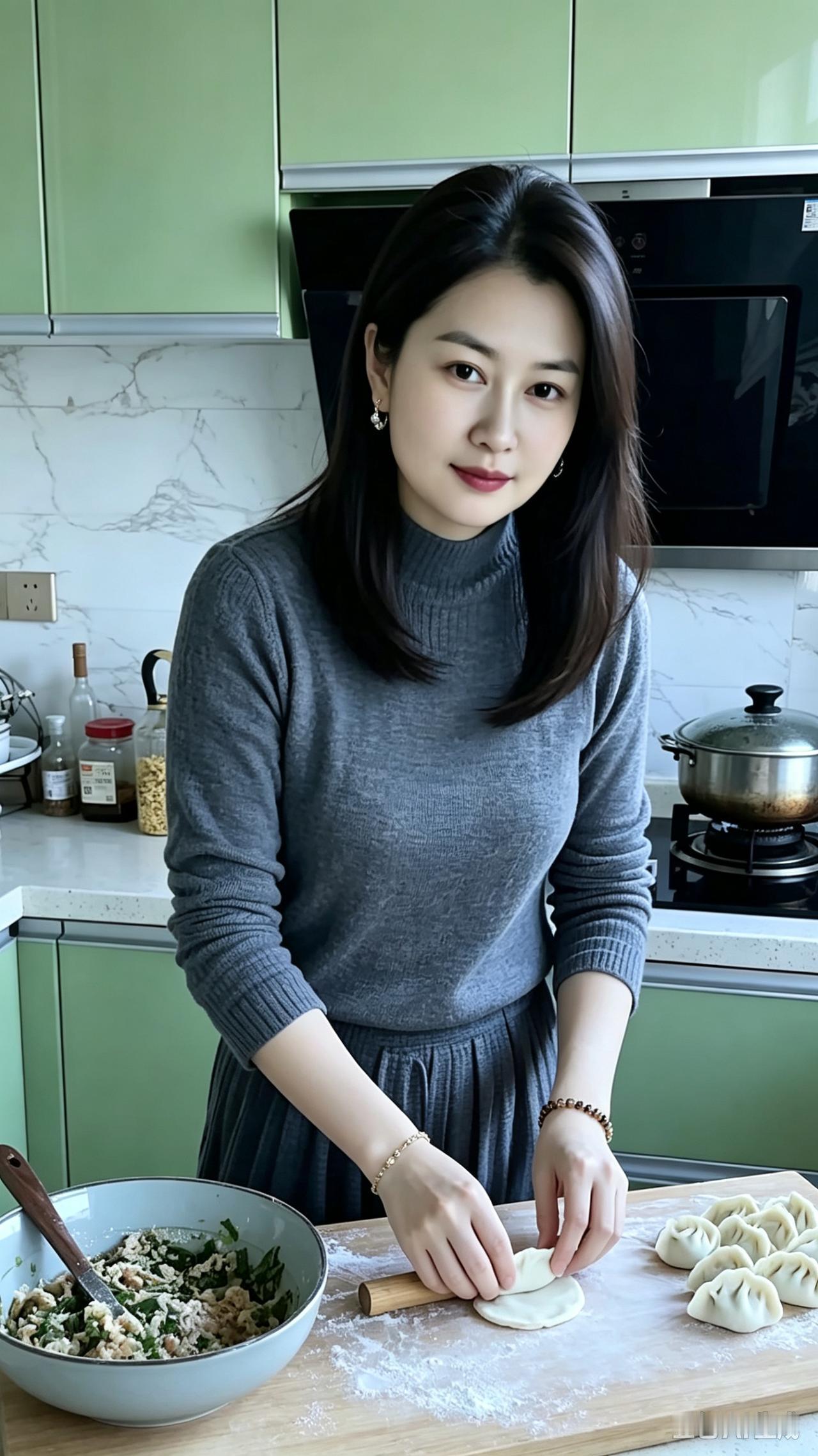 厨间巧手包饺子，烟火寻常乐悠悠
案板铺粉擀皮忙🥟
鲜馅调妥溢清芳
巧指捏成元宝
