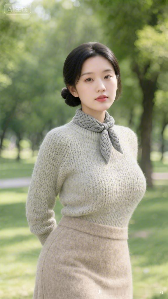 温柔秋日穿搭，米色毛衣+高腰裙，清新自然🍂🌿