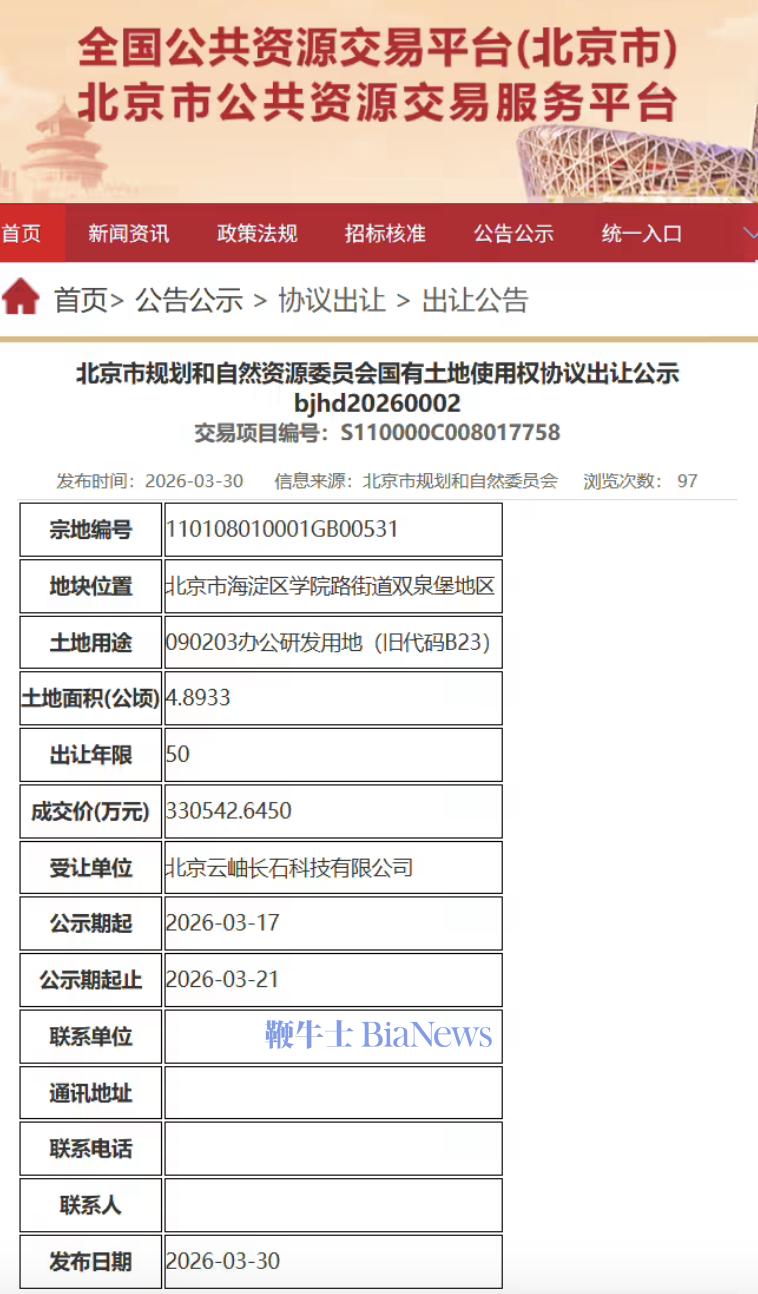 字节跳动33.05亿元在北京海淀区再次拿地