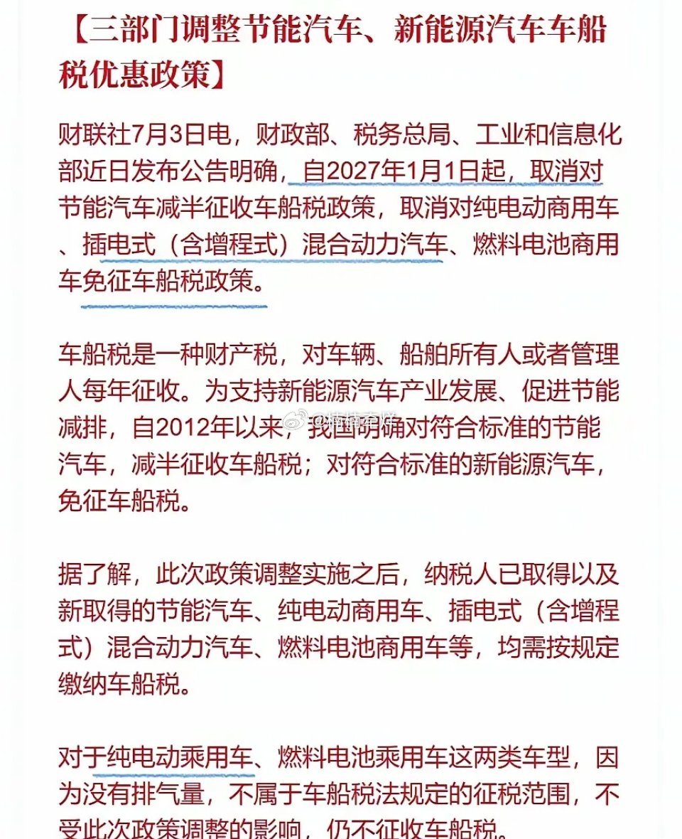 明年开始！新能源也要全额征收车船税！根据媒体报道，我国三部门明确，从2027年1