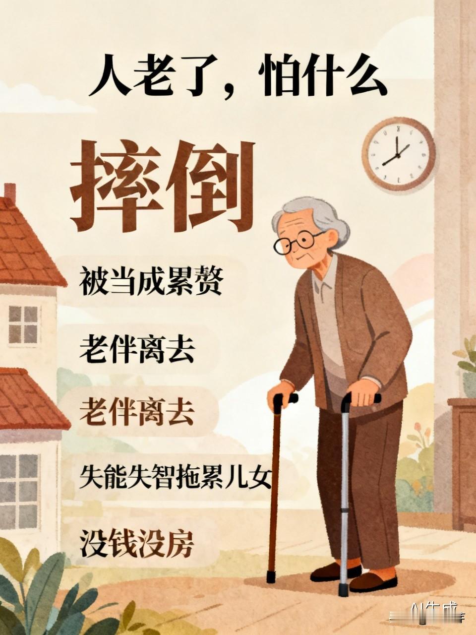 人老了，害怕的事儿还真不少。很多老人最担心摔倒，年轻人摔一跤拍拍灰就没事，老人却