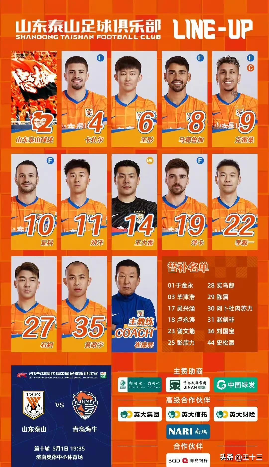 齐鲁德比的泰山队首发阵容