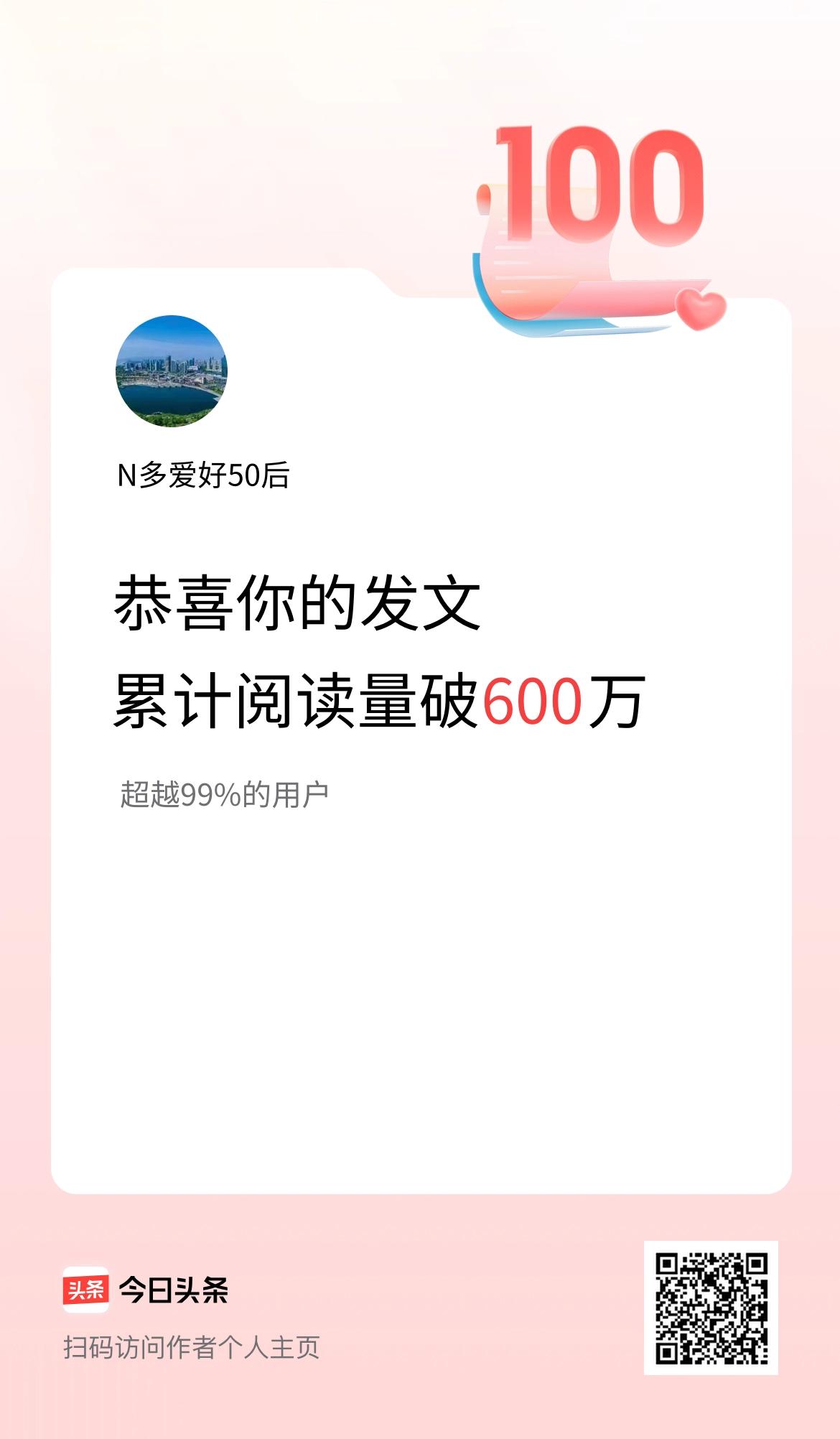 🤝我在头条累计获得阅读量破600万啦！