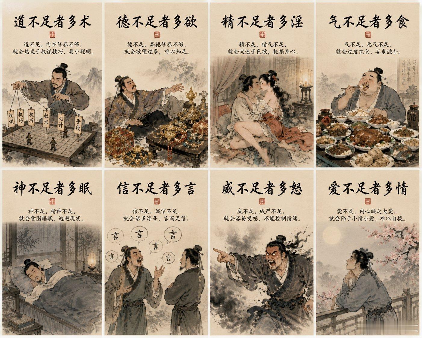 道不足者多术，徳不足者多欲，精不足者多淫，气不足者多食，神不足者多眠，信不足者多