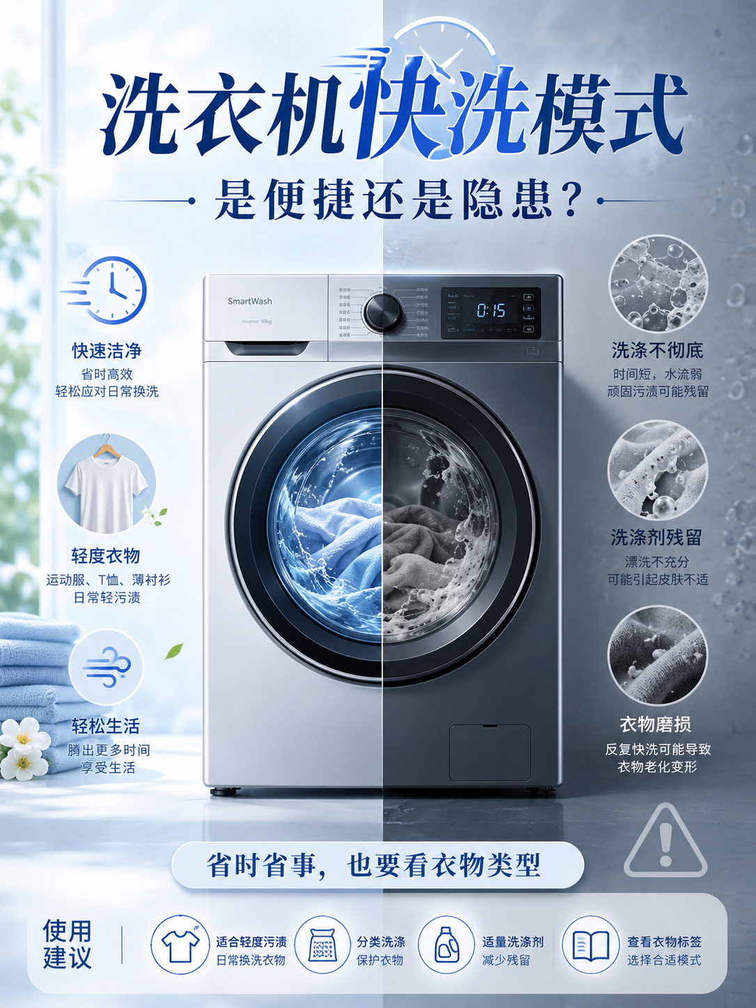 以前我真的很爱用快洗模式十几分钟一桶衣服洗完，听起来太香了尤其是夏天，T恤、短裤