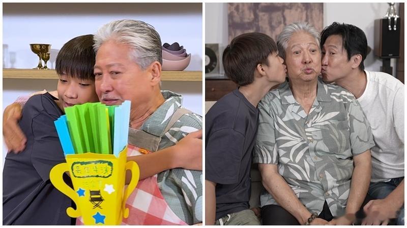 洪金宝三代同堂录节目洪大仁手工奖杯送洪金宝洪家三代难得同台录节目，洪金宝传授厨艺