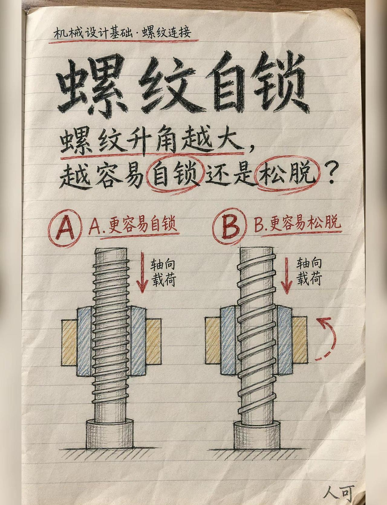螺纹升角越大，越容易自锁还是松脱？同样是螺纹，为什么有的能自己卡住，有的却可能被