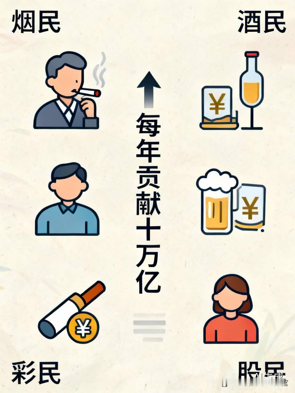 烟民每年贡献两万元利润，
酒民每年贡献一万亿利润，
彩民每年贡献大概5000亿，