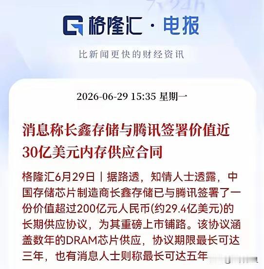 这是真的吗？
长鑫存储与腾讯签署价值近30亿美元内存供应合同。如果是，长鑫存储7
