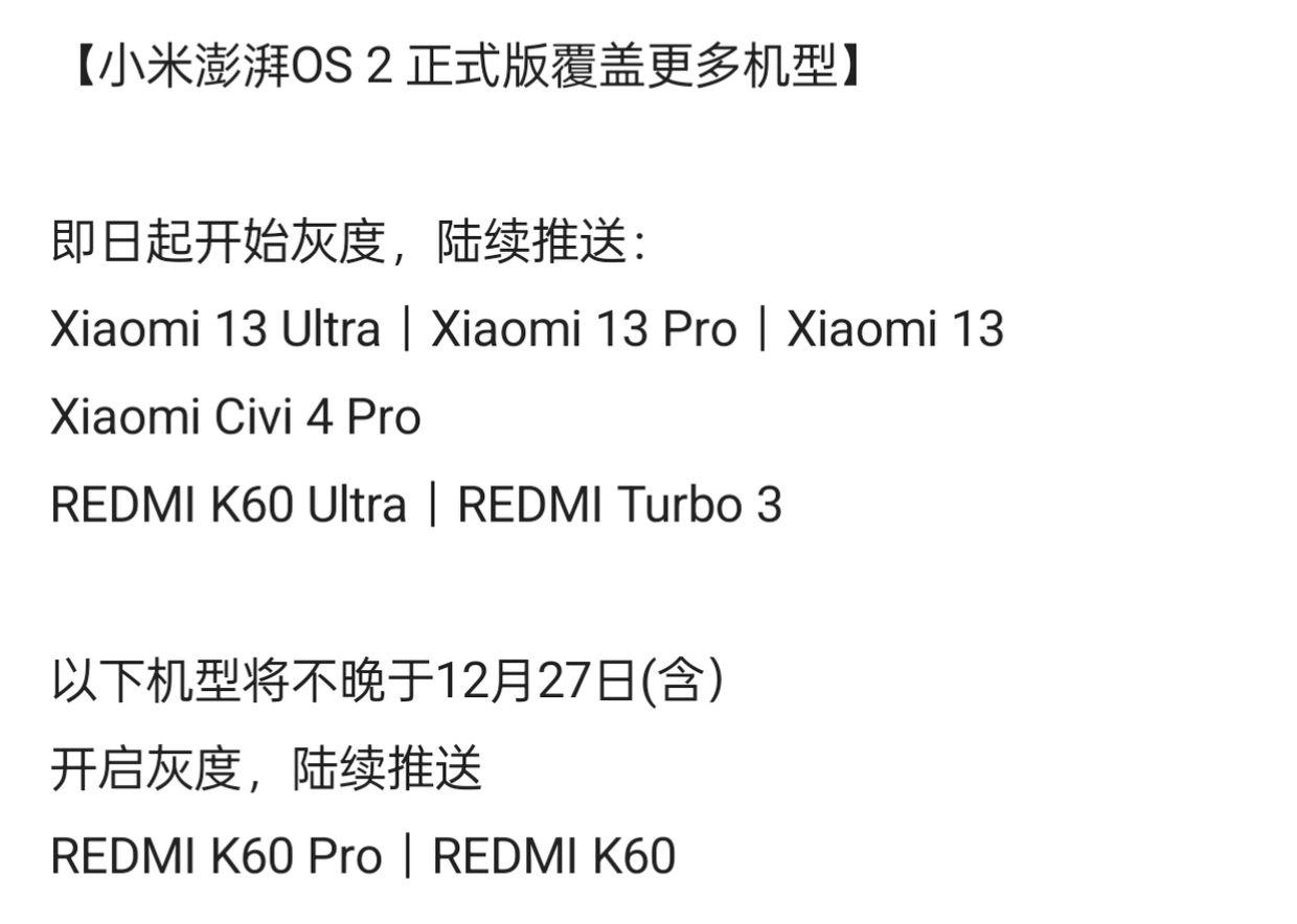 小米澎湃OS2正式版升级计划公布

小米公司近日宣布，小米澎湃OS2正式版将覆盖