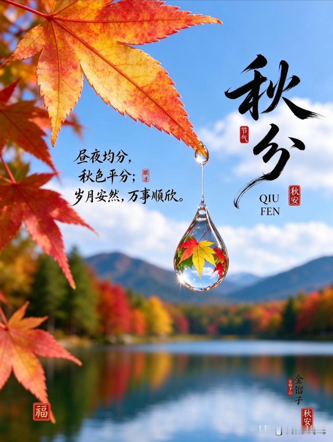 昼夜均分秋色，丹枫染露，
愿岁月安然万事皆得顺欣
清舒.金馏子秋分早安图文分享