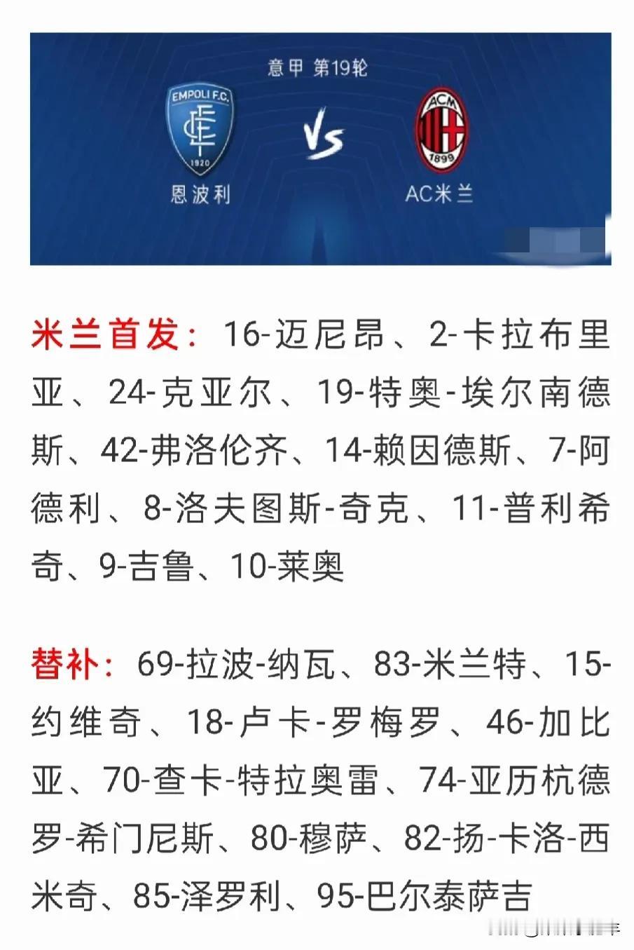 难得的早场，AC米兰排出了最强阵容挑战恩波利，年轻小将们都进入大名单，在替补席待
