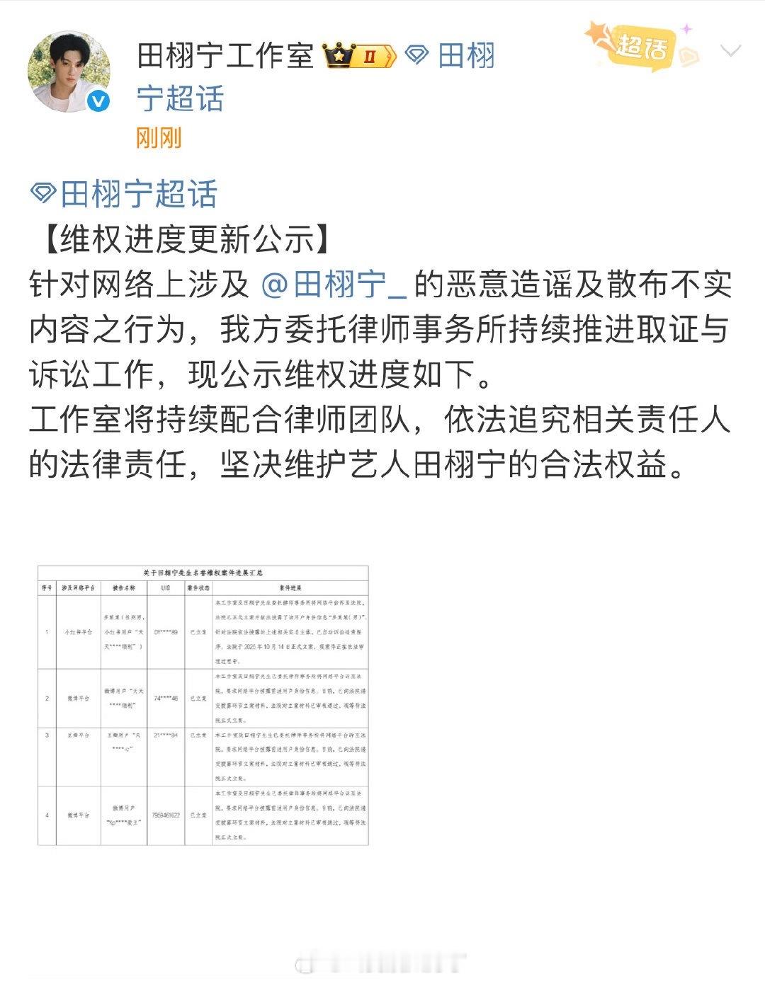 田栩宁工作室发布维权进度更新公示，告了“天天开心”。 ​​​