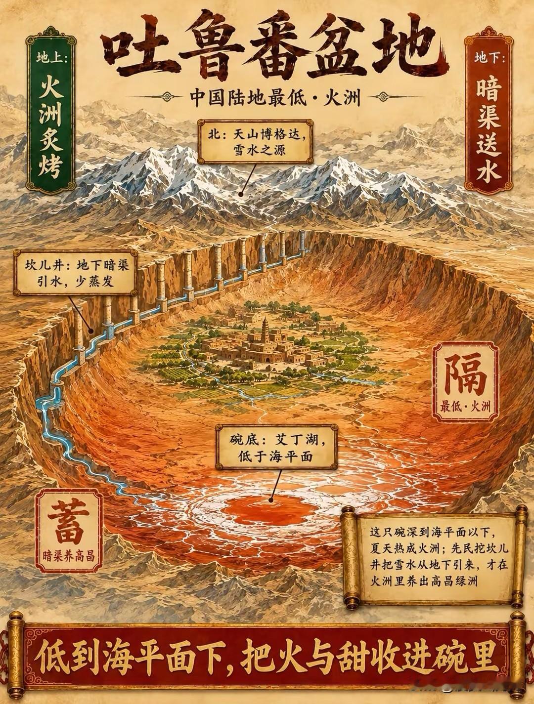 吐鲁番盆地的地形真的是把“极致反差”刻进了骨子里。
它是天山东部横放的橄榄形山间