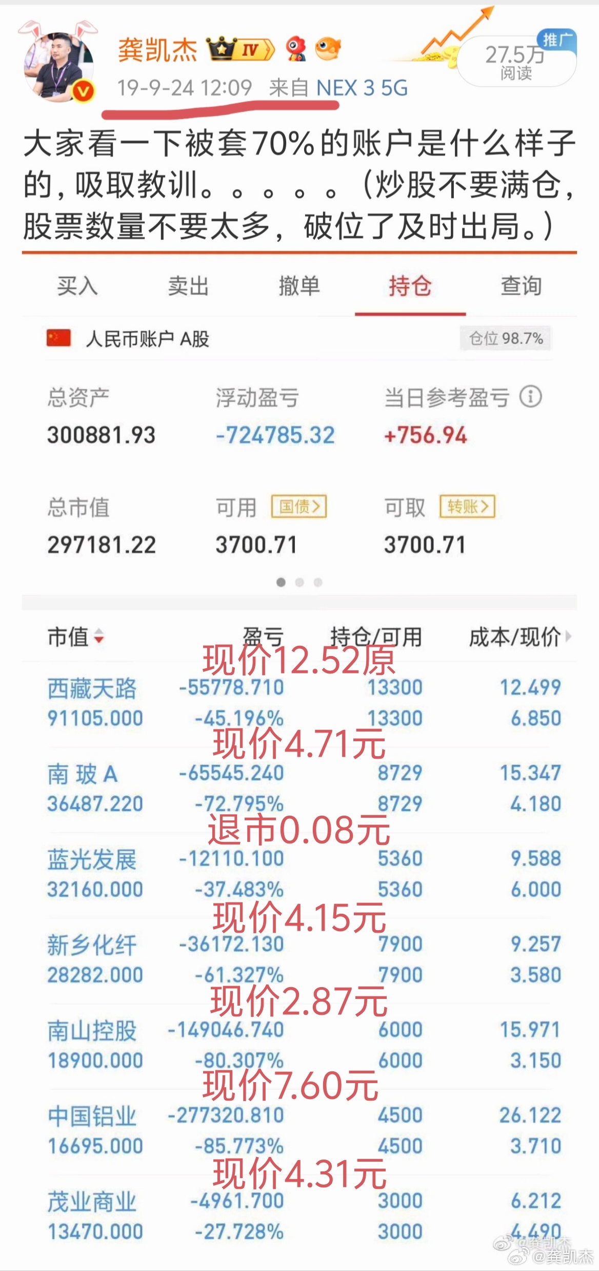股友2015年拿着100万炒股，到2019年被套70%，这些股票持有到现在202