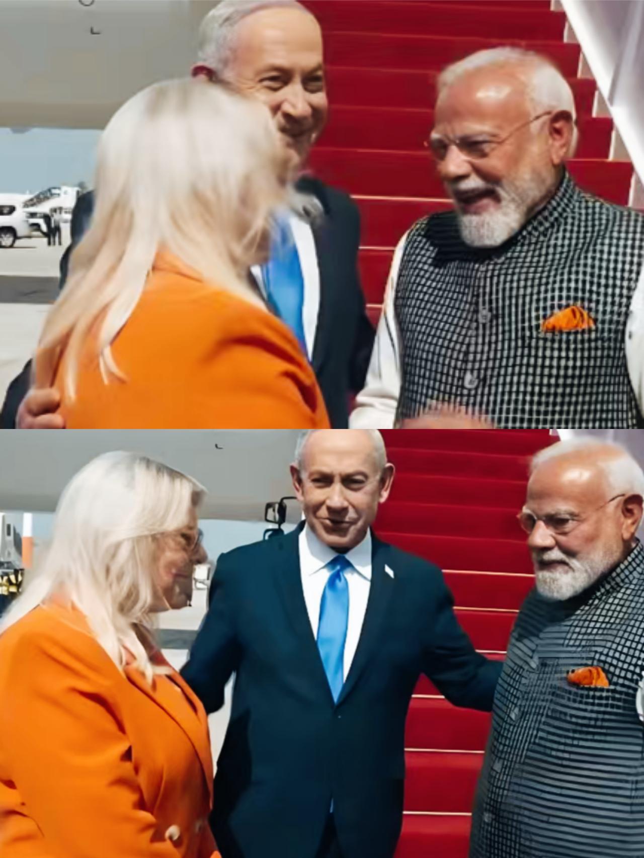 莫迪的表情转换挺快啊！由笑容满面一下就变成了面无表情啊！
内塔尼亚胡和莫迪在交流