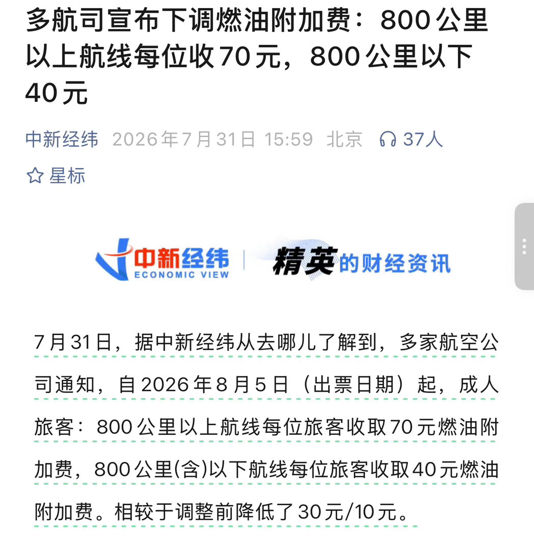 燃油附加费又下降了800公里以上降低30元到70元燃油附加费，800公里(含)以
