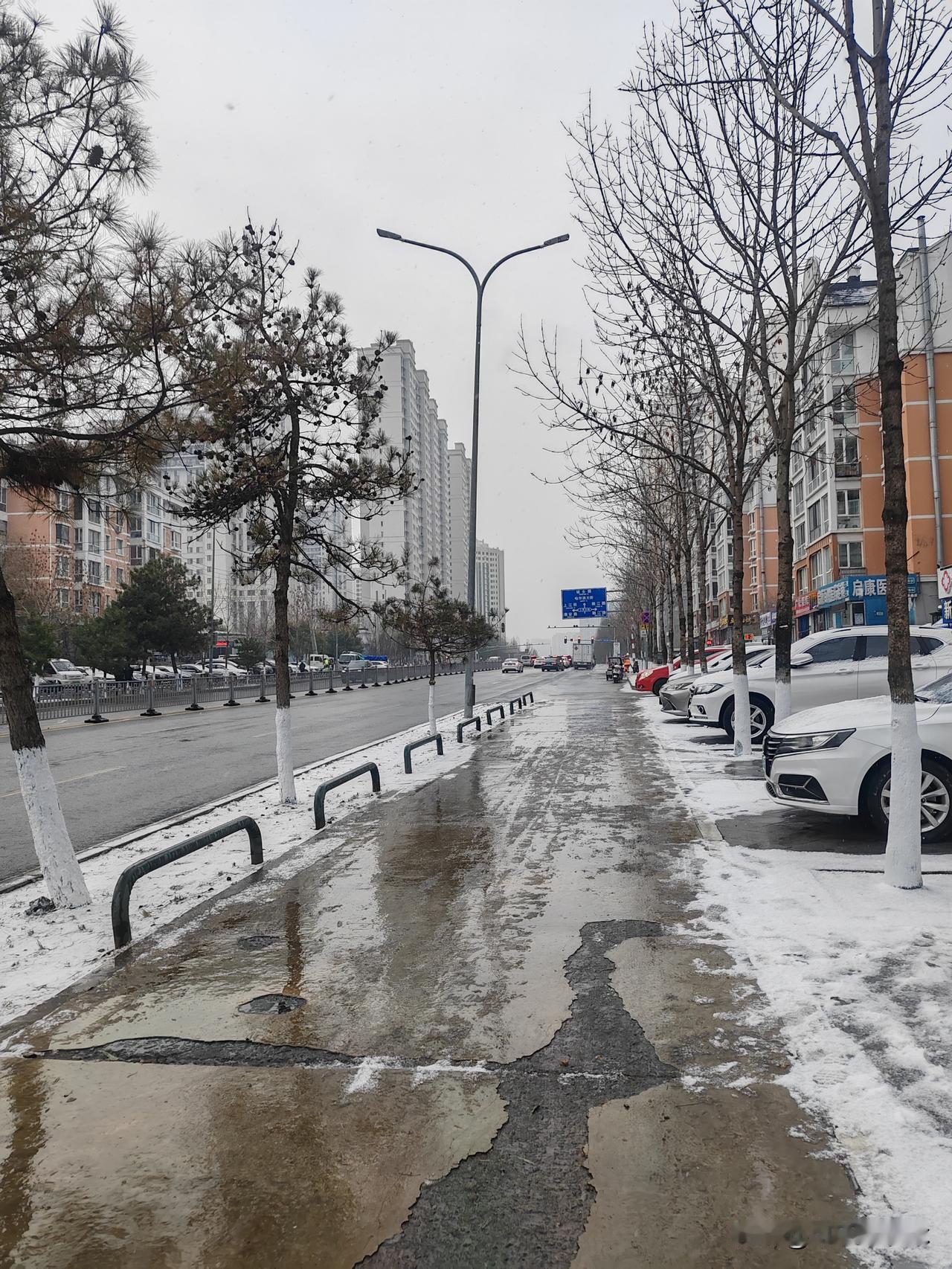 今早出门直接傻了

咱这人行道是捅了“冰雪大杂烩”窝吧？

雪掺着泥汤子，脚底下