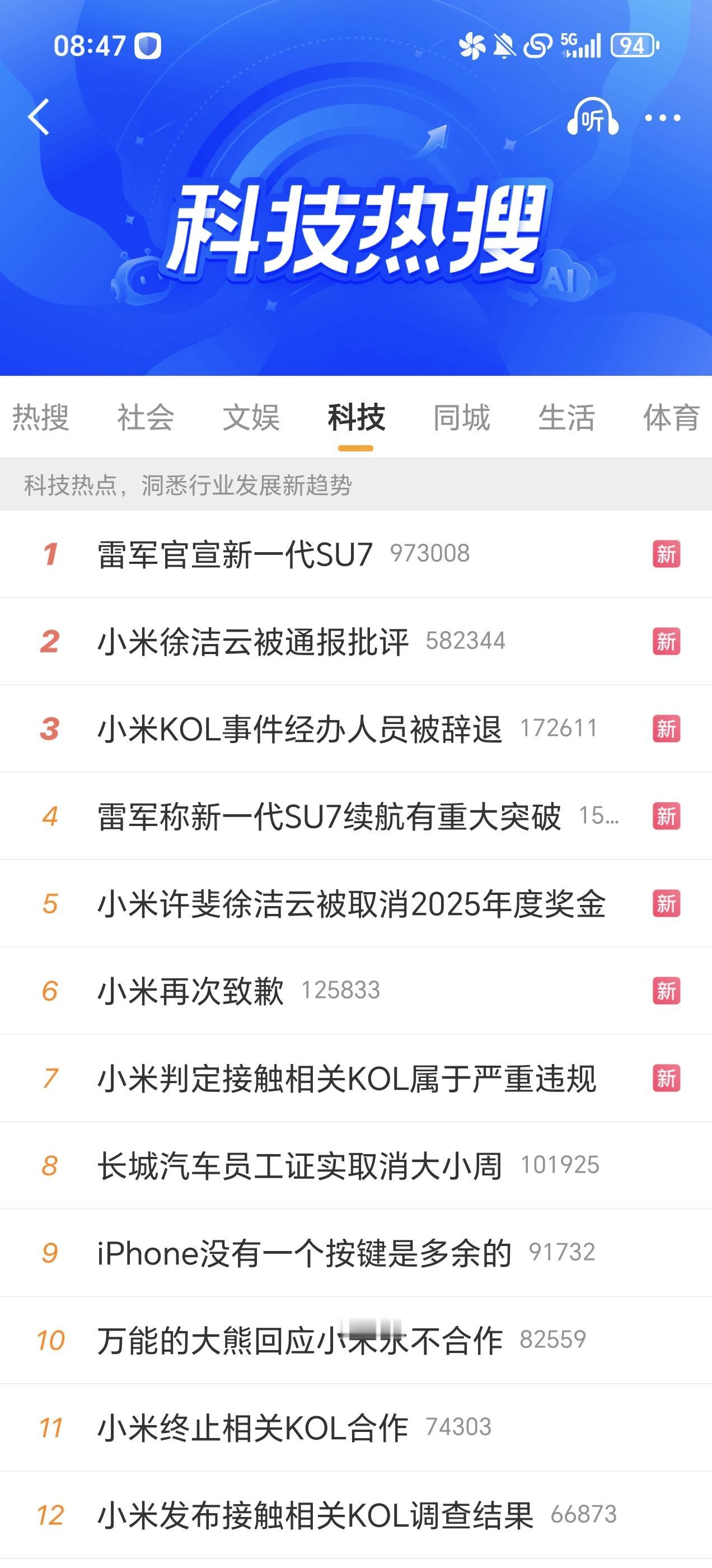 今天的“科技”热搜榜，唯一的变化是保持不变，哈哈哈。