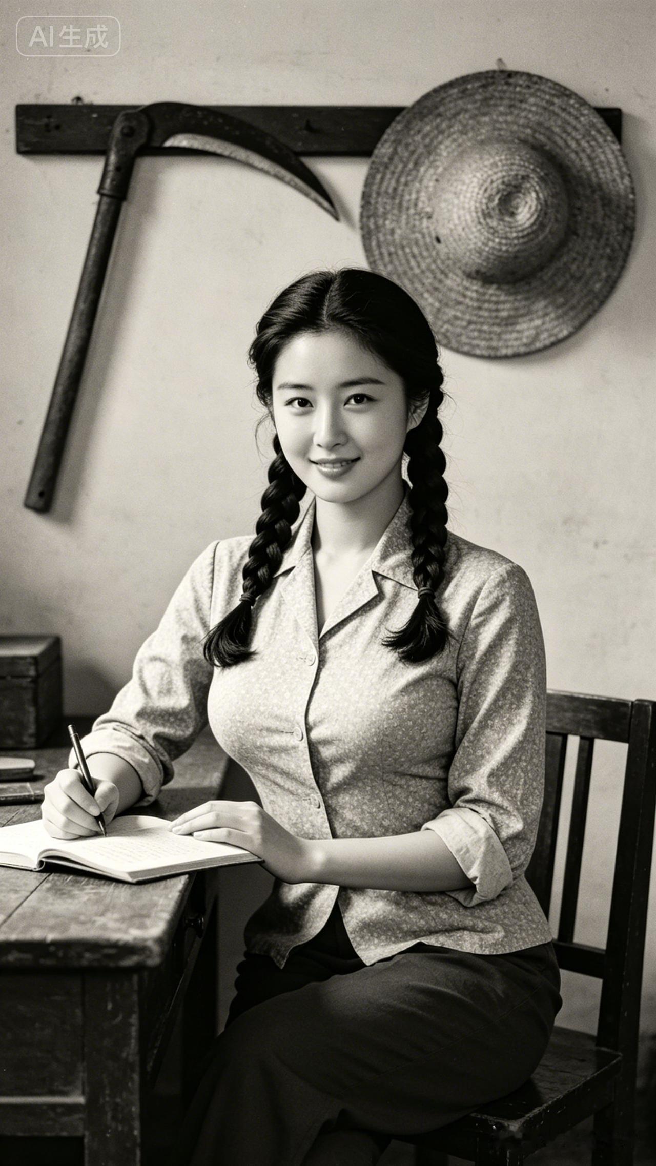 一个女孩坐在桌前认真写字。