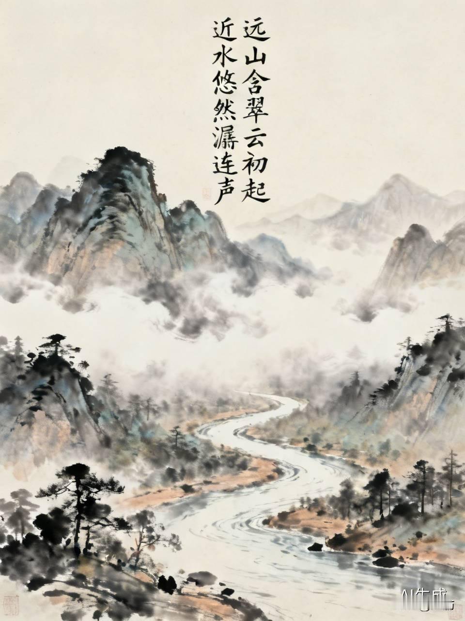 上联：远山含翠云初起
下联：近水悠然潺连声@豆包