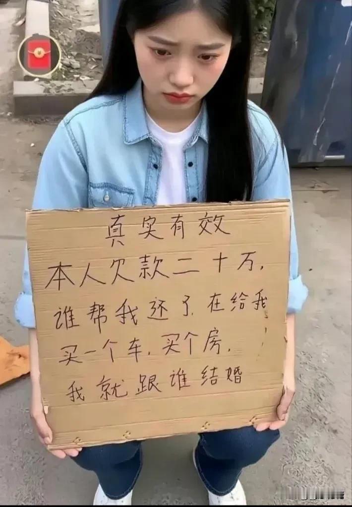 女孩征婚，本人欠款20万，谁帮我还了，再买部车、买套房，我就跟谁结婚。”

这是