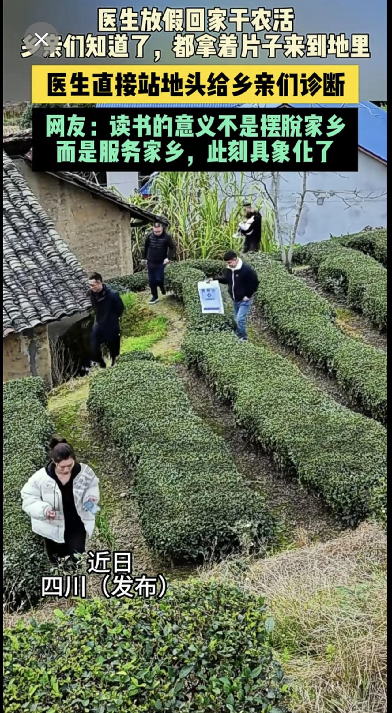 近日四川（发布）医生放假回家干农活，乡亲们知道了，都拿着片子来到地里。医生直接站