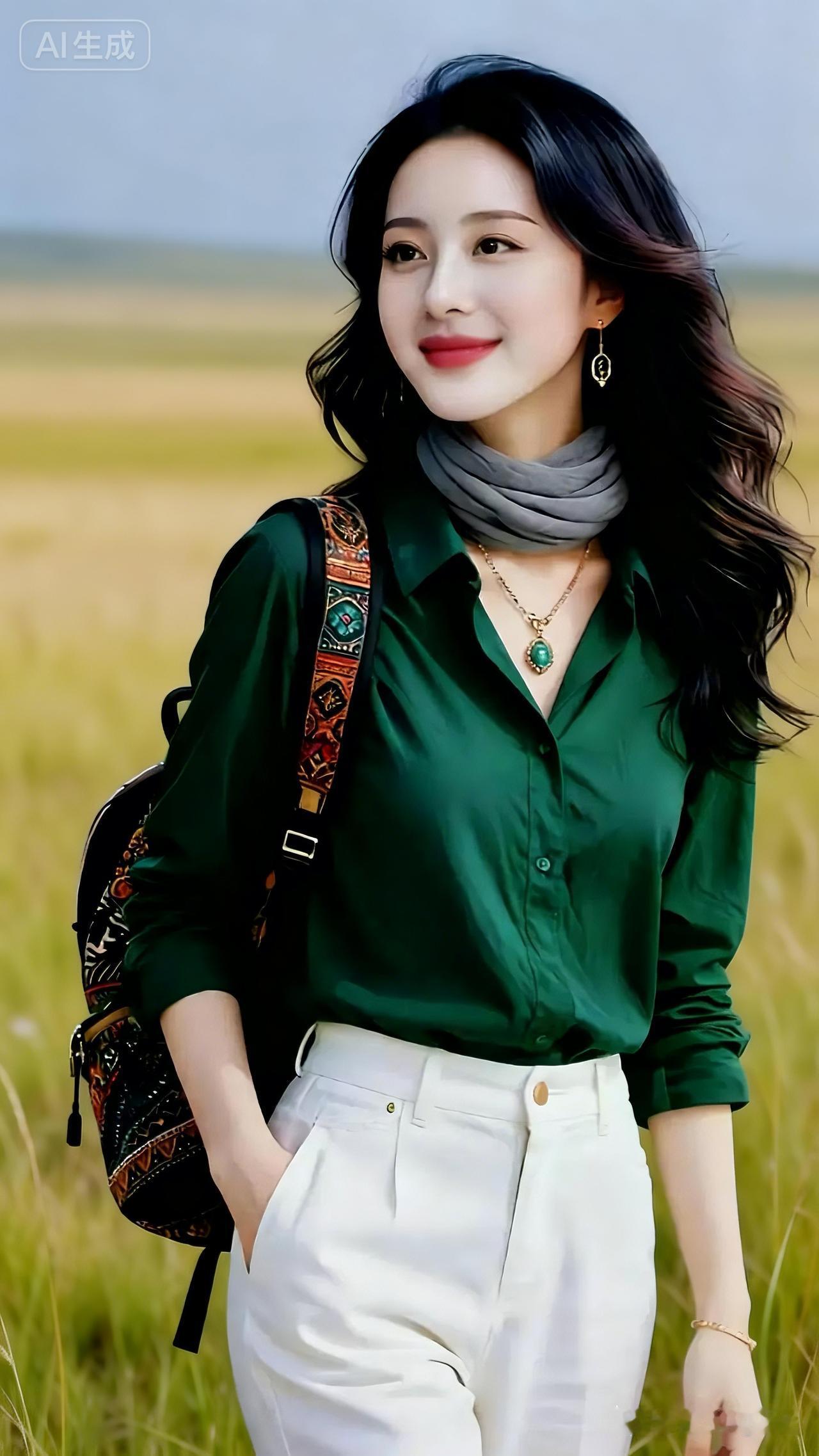 在田野里看到这位女士，她的穿搭太亮眼了。绿色衬衫清新自然，和周围的田野风光完美融