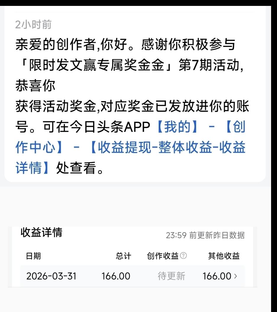 头条创作限时发文评奖活动，获奖金166元
