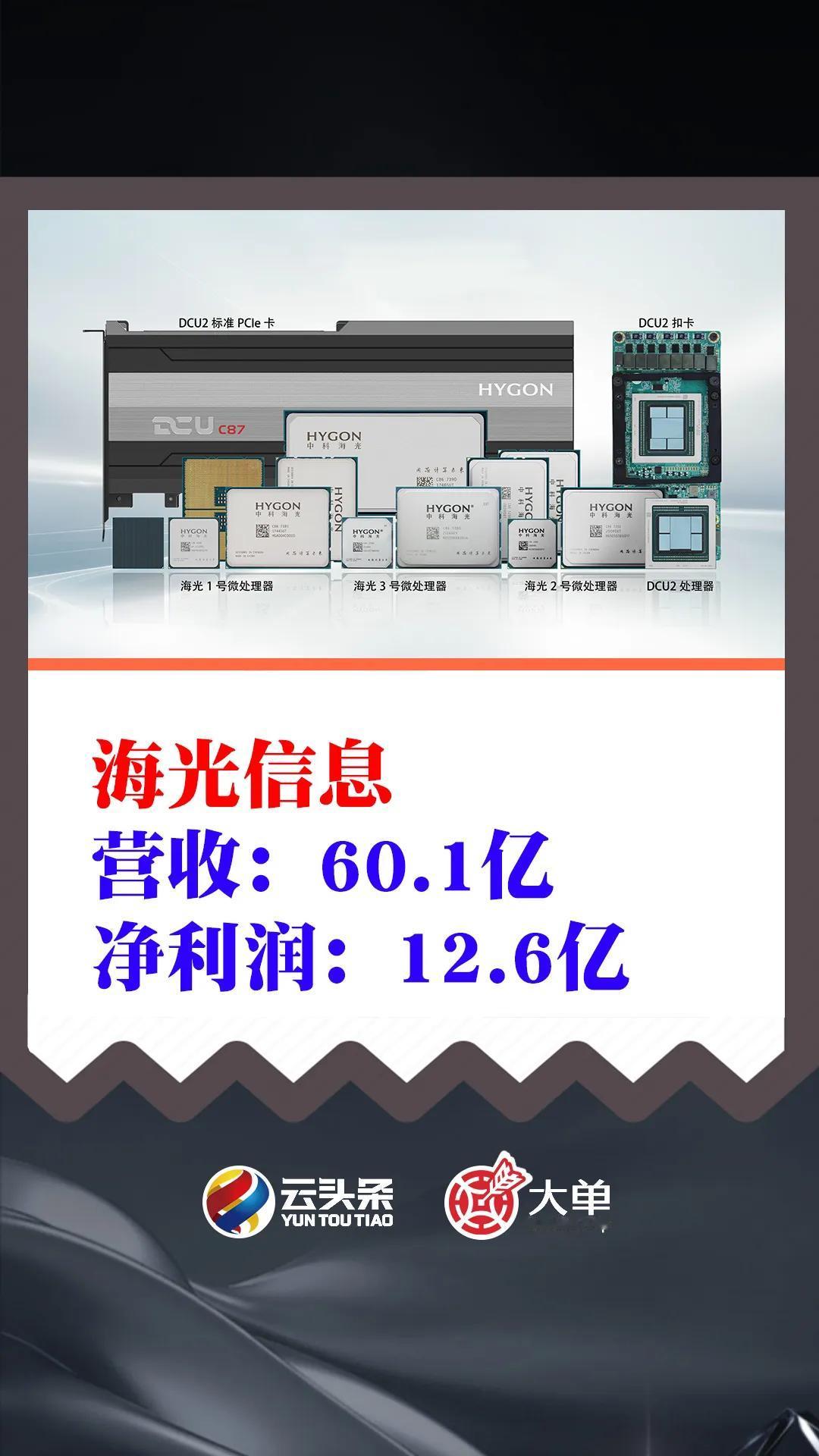 海光信息：营收 60.1 亿、净利润 12.6 亿